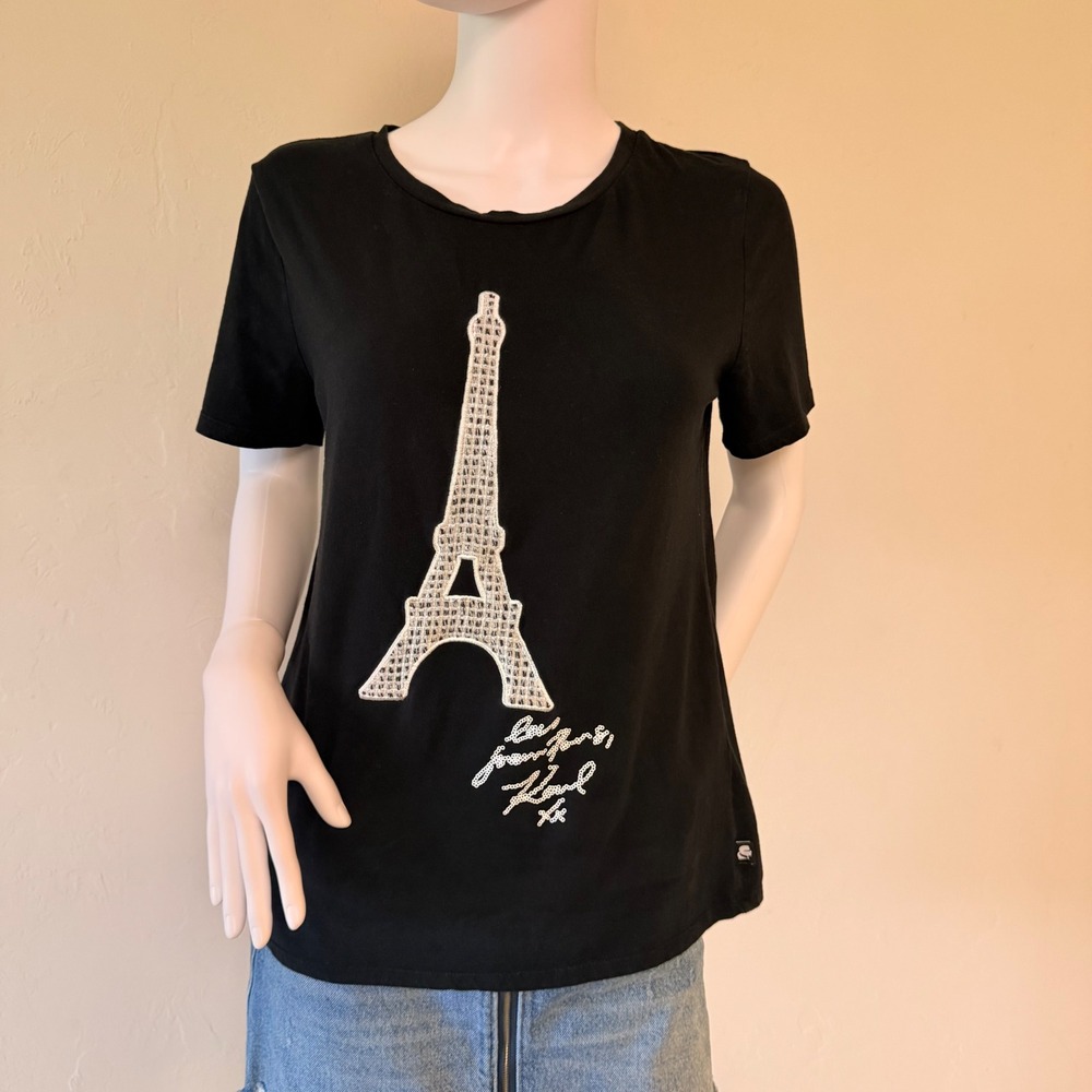 Karl Lagerfeld Paris Women's Eiffel Tower Sequin T-Shirt Black Size M 95% Cotton